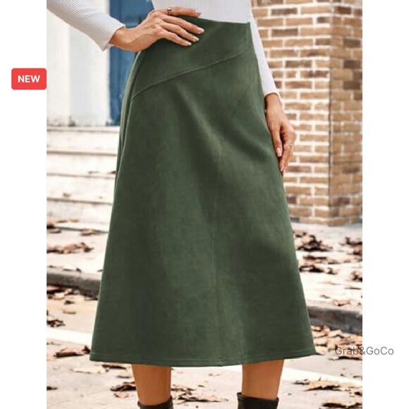 High Waist A-Line Midi Skirt Faux Suede Elegant Fall Winter Chic Versatile - Picture 6 of 8